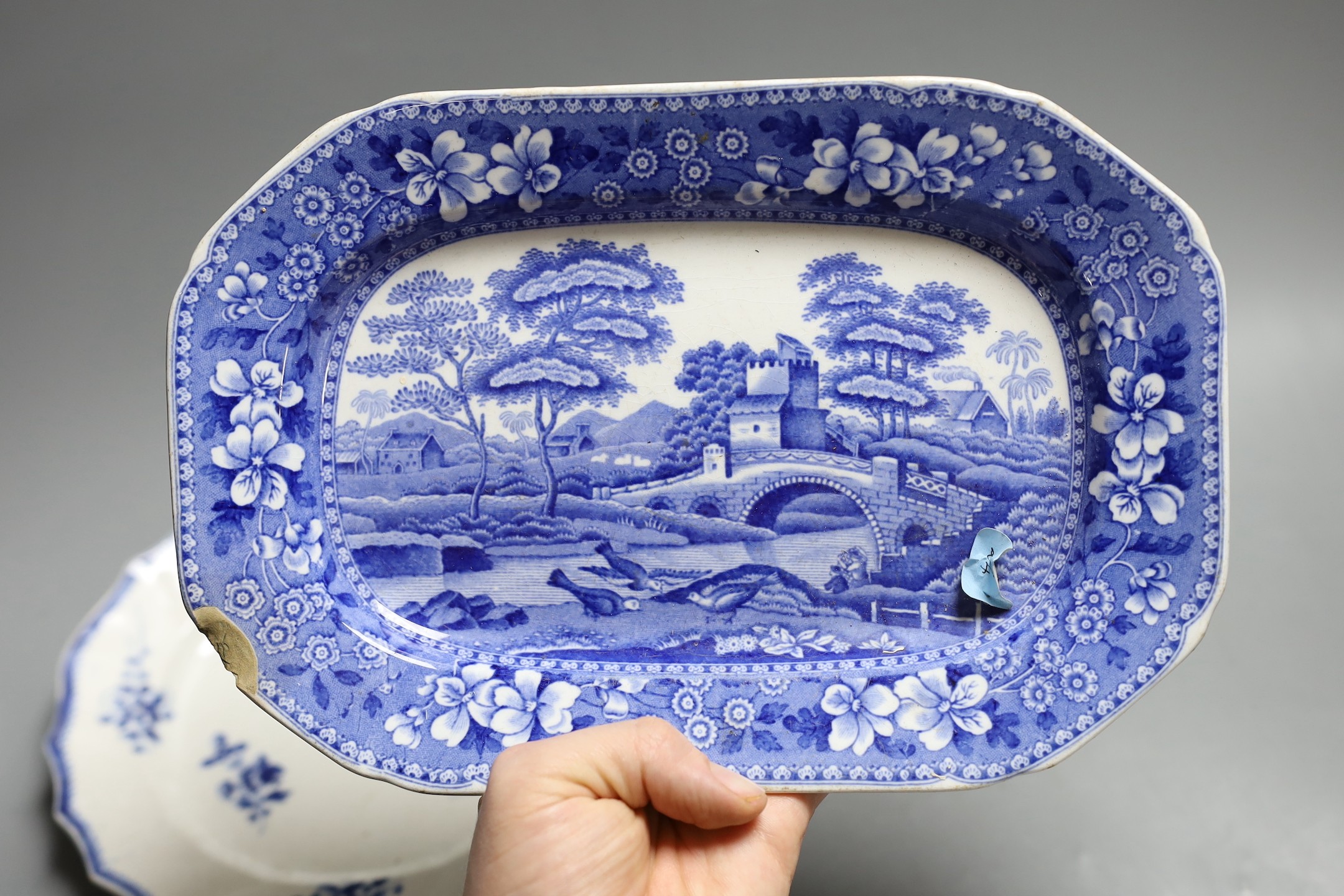 A Bow blue and white dish, 19.5cm, three Worcester blue and white plates, late 18th century and three 19th century blue and white pottery dishes